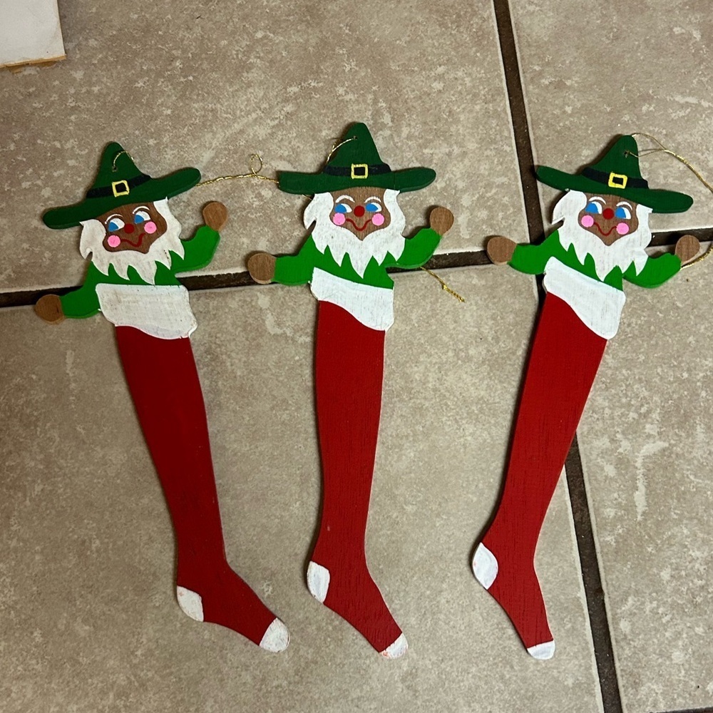 Vintage Elf Christmas Ornaments Lot Of 3 Wooden Stocking 6”
